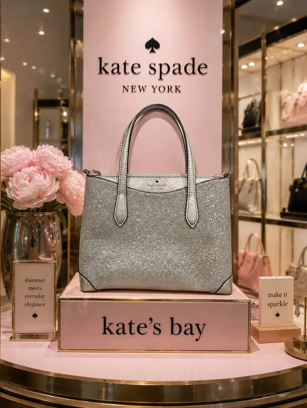 kate spade Silver Glitter Tote with Top Handles NWOT